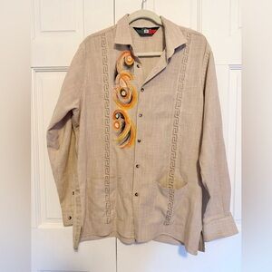 Men’s D’Accord Embroidered Guayabera Button-Up Shirt Tan Medium